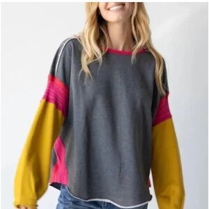 NATURAL LIFE Gray knit block Sweater with Pink & Fuchsia Trim sz small/ medium